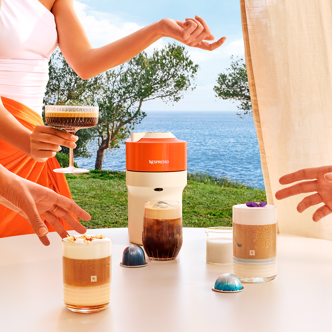 Limited-edition Vertuo Pop in mandarin orange, Vertuo cold brew style and Vertuo ice leggero.